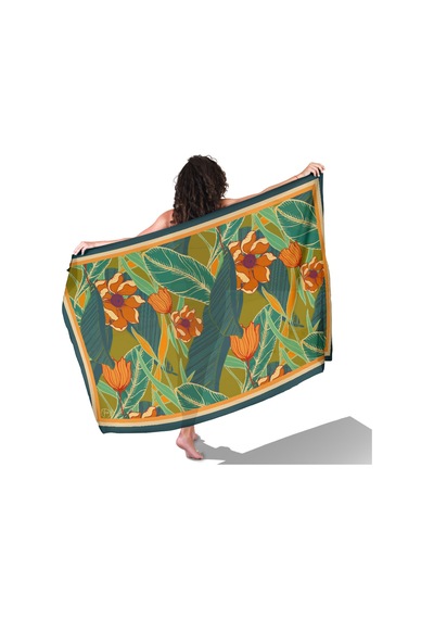 Orange Flover Desen İç Göstermeyen Saten Pareo Çok Renkli