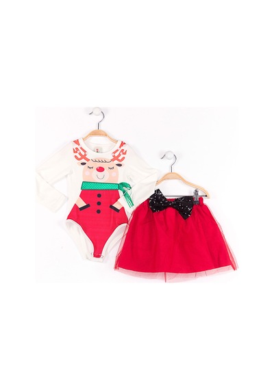 Denokids İncili Kız Çocuk Body Tüllü Kırmızı Etek Takım Renkli Çok Renkli