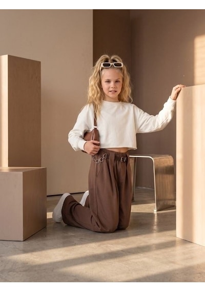 Zekids Kız Çocuk Zincir Ve Kemer Detaylı Bol Paça Eşofman Altı-17482 Kahverengi