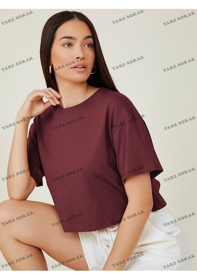 Flood Of Style Crop Ckod-232913 Pamuk Damla Omuz Düz Kısa Bordo