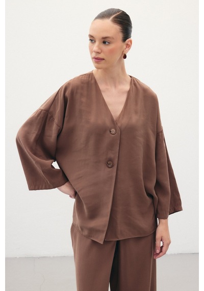 Sateen Düğmeli Kimono - Kahve-136354 Kahve