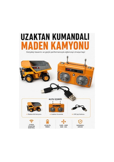 Şarjlı Mini Metal Kamyon 1:64 Ölçek Uzaktan Kumandalı Kamyon Metal 8 Kanallı Full Fonskiyonlu Sarı