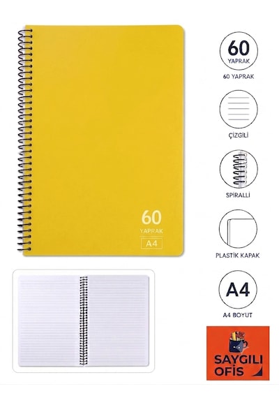 Saygılıofis 60 Yaprak A4 Spiralli Pp Kapak Çizgili Defter Sarı