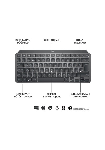 Logitech Mx Keys Mini Minimalist Kablosuz Bluetooth Aydınlatmalı Türkçe Q Klavye - Siyah Logitech Mx Keys Mini Minimalist Kablosuz Bluetooth Aydınlatmalı Türkçe Q Klavye - Siyah