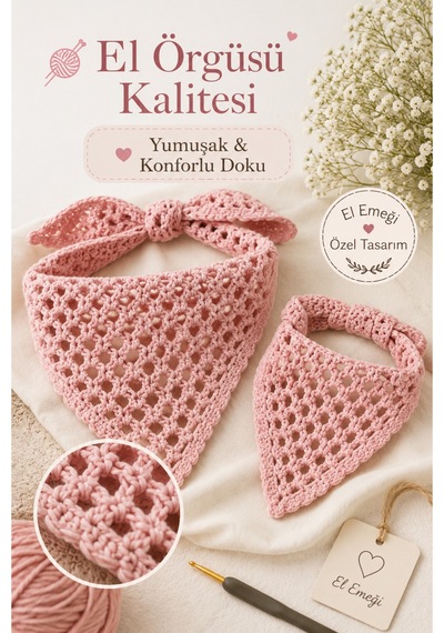 Kadın & Köpek Kombin El Örgüsü Minik Dost Bandana Seti Ayarlanabilir Evcil Hayvan Sahip Kombini Bohem Tasarım Pembe