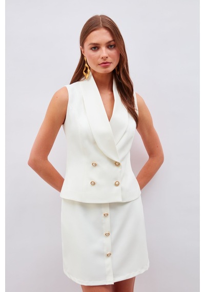 Sateen Düğme Detaylı Mini Etek - Ekru