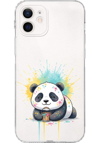 Apple Uyumlu iPhone 12 Mini İle  Splash Panda Tasarımlı Kamera Korumalı Şeffaf Silikon Kılıf 051i