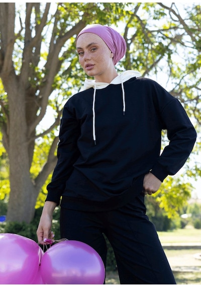 Balon Nakış Kapşonlu Sweatshirt Siyah