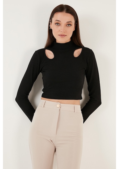 Lela Esnek Slim Fit Cut Out Pencereli Dik Yaka Crop Bayan Bluz 5865348 Siyah