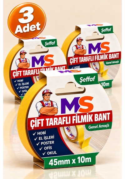 3 Adet Çift Taraflı Filmik Şeffaf Bant 45 Mm X 10 Metre Yapışkanlı Hobi Bandı El Çok Amaçlı Bantları