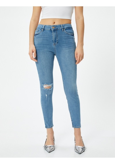 Koton Dar Kesim Yüksek Bel Kot Pantolon Yıpratmalı Esnek Cepli Pamuklu - Carmen Skinny Jeans Açık İndigo 4sal40060md Açık İndigo