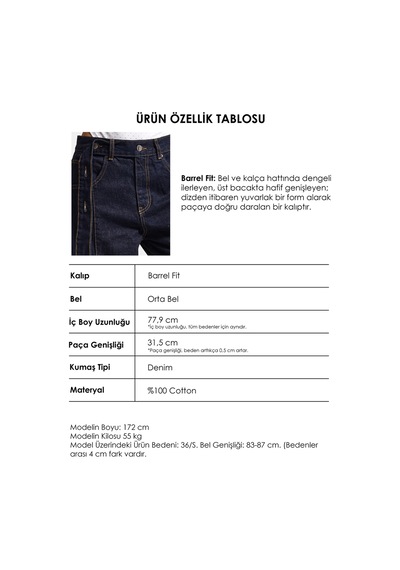 Kadın İndigo Selvedge 7w6-50 Barrel Fit Kemer Detaylı Denim Jean