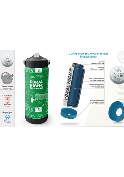 650 Ml Erkek Çocuk Yeşil Futbol Baskılı Çelik Suluk/matara Pipetli 38329