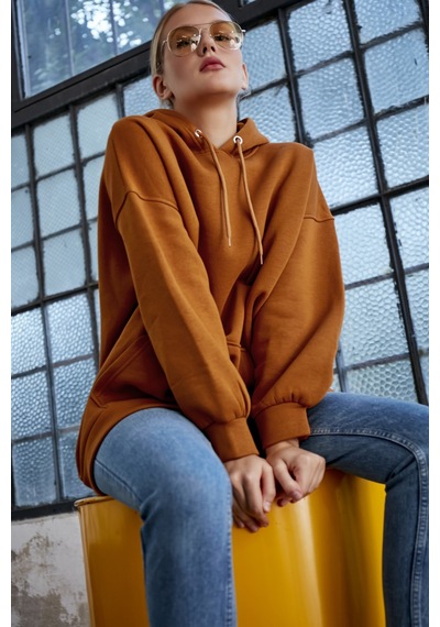 Meecy Kadın Kiremit Kapüşonlu Kanguru Cepli Sweatshirt Kiremit Kiremit