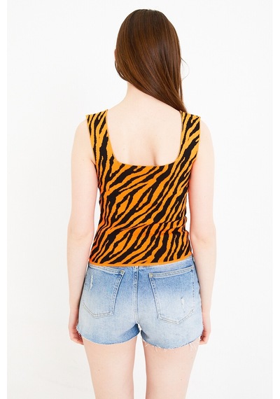 Twenty3 Kadın Jakarlı Zebra Desenli Kalın Askılı Crop Triko Atlet 001
