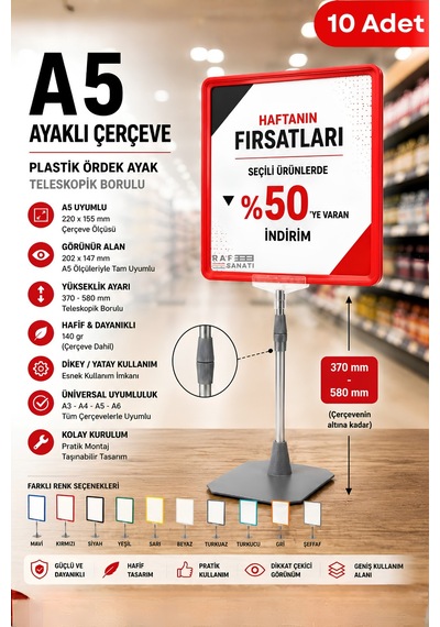10 Adet - A5 Ayaklı Çerçeve Seti Plastik Ördek Ayak Teleskopik Borulu Fiyat Etiketliği Yönlendirme Levhası Menü Panosu Kırmızı
