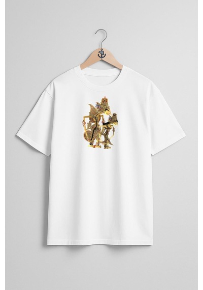 Bahriyeli Collection Oversize Java Wayang Gölge Oyun Ramayana Göğüs Tasarımlı Unisex T-shirt Beyaz