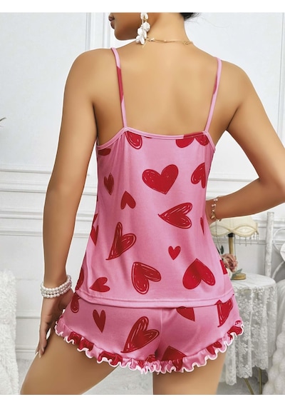 Kadın Pembe Kalp Baskılı Şortlu Gecelik Pijama Takımı 5050 Pembe
