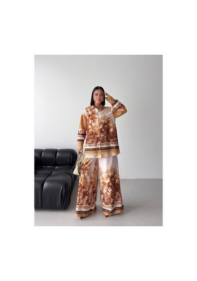 Wellway İthal Chokellaa Kumaş Çiçekli Tunik Gömlek & Pantolon 2li Takım-bej-26114 Bej