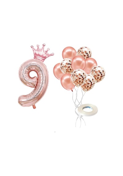 9 Rakam Rose Gold Folyo Balon, Kral Tacı Ve Konfetili Rose Gold Balon