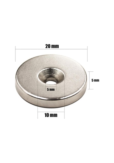 Havşalı Neodyum Mıknatıs - Ø20xø10/5,5x5mm - Ahşap, Plastik, Betona Sabitle 5 Adet Set