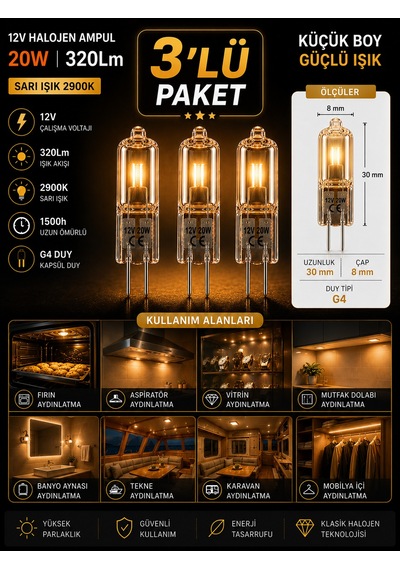 3 Adet Osaka 12volt 20w Sarı Işık G4 Duylu Dim Edilebilir Halojen Kapsül Ampul