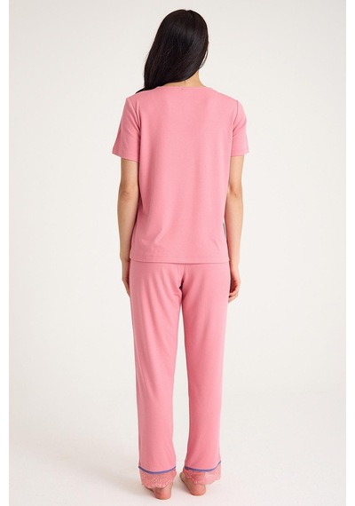 Amarelle Dream Mavi/pembe V Yaka Dantel Detaylı 4 Parça Pijama Takım Set Mavi/pembe