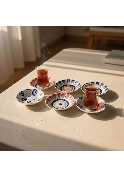 Fecra Acem 6'lı Çay Tabağı Seti Mix 3232 Kırmızı - Mavi