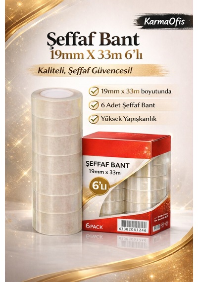 Şeffaf Bant 19mm X 33m 6 Lı Paket Güçlü Yapışkanlı, Yüksek Şeffaflık, Ofis & Kırtasiye Bandı Diğer