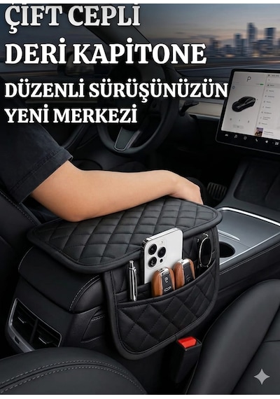 Siyah Deri Araç Kolçak Kılıfı Organizer Çift Cepli Kol Dayama Araç İçi Düzenleyici Universal Oto Kolçak Araç Kolçağı Kol Dayama Aparatı Deri Kaplama Saklama Gözlü Siyah