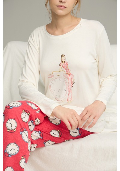 Siyah İnci Saat Desenli Pamuklu Bisiklet Yaka Örme Pijama Takım25241139 Ekru