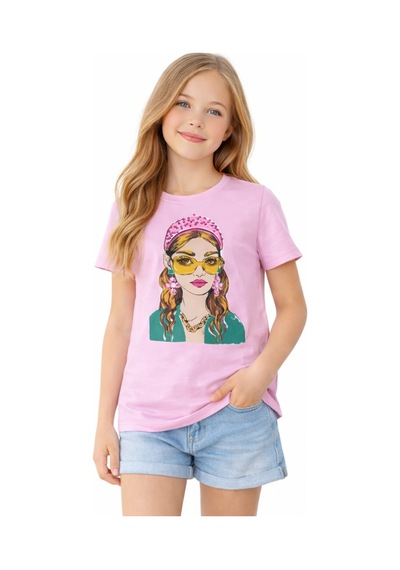 İrem Çocuk Giyim Kız Çocuk Önü Kız Desenli Taşlı Pembe Renk Kısa Kollu Tişört Pembe