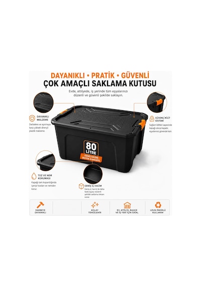 80 Litre Büyük Boy Kilitli Saklama Kutusu, Takım Sandığı, Plastik Eşya Düzenleme Kutusu, Oto Bagaj Organizeri, G Genel