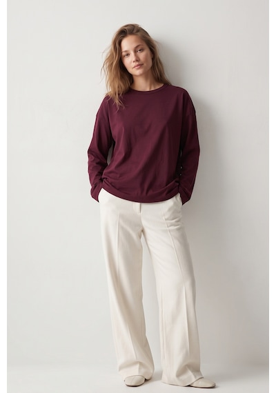 Elemge %100 Pamuk Süprem Oversize Kadın Uzun Kollu T-shirt Compact Penye Tok Yumuşak Kumaş Bol Kesim Nefes Alan Terletmez Yapı Basic Bordo Tişört