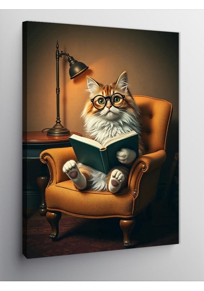 Kanvas Tablo Kitap Okuyan Sarı Kedi 100cmx140cm