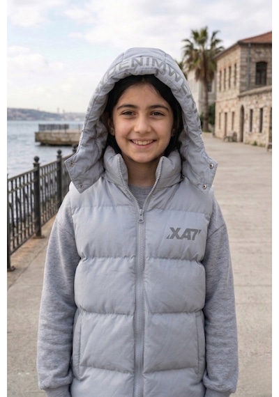 Pina Kids Unisex Çıtçıt Kapüşonlu Baskılı Şişme Yelek Gri