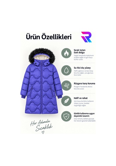 Regos Kız Çocuk Çıkarılabilir Kapüşonlu Kürklü Uzun Kapitone Şişme Kışlık Mont - Lila Lila