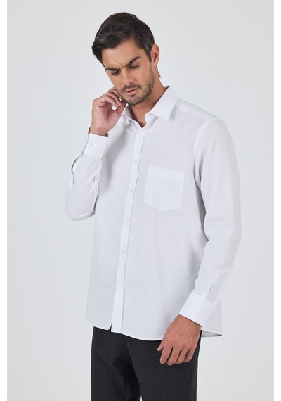 İmza Uzun Kol Desenli Armürlü Sert Yaka Cepli Pamuklu Classic Comfort Fit Gömlek 1004250187 Beyaz