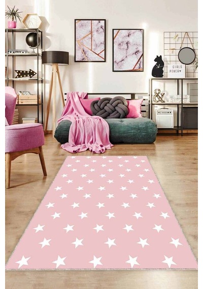 Pembe Yıldızlı Kaymaz Taban Makinede Yıkanabilir Halı Yld02n11