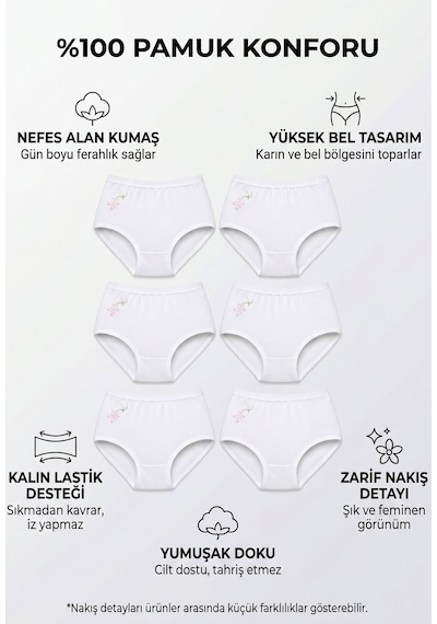 6Lı Seher Kadın Yüksek Bel Külot Işlemeli Pamuklu Bato Slip