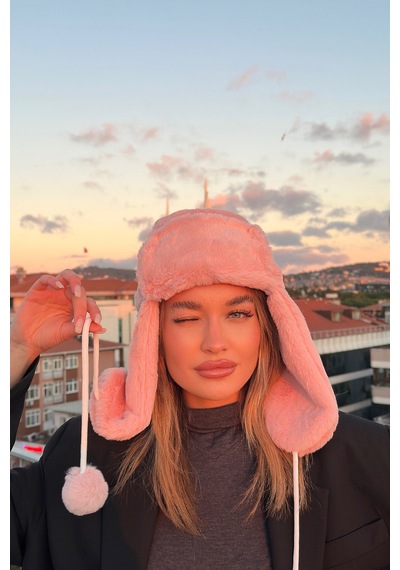 Mollycrush Kadın Pudra Suni Kürk Peluş Tüylü Elit Ponponlu Şapka Bere Pudra
