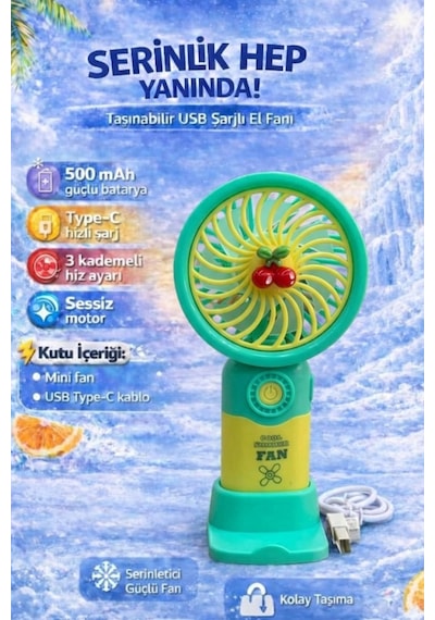 Fit Turkuaz Mini Taşınabilir Sessiz El Fanı 3 Hız Ayarlı Mini El Pervanesi Soğutucu-vantilatör