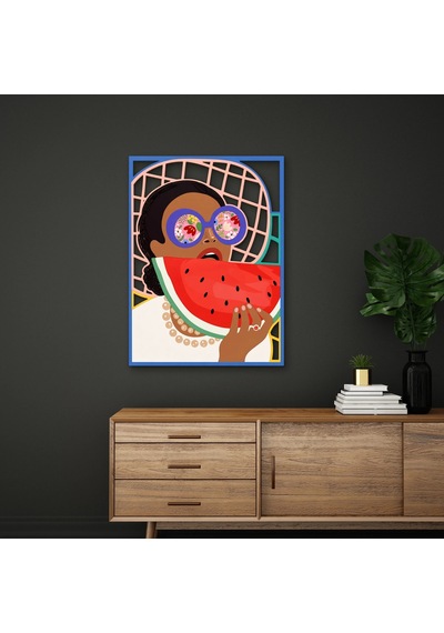 Karpuz Yiyen Gözlüklü Kadın - Metal Tablo - Dec0339 48 X 65 Cm Çok Renkli