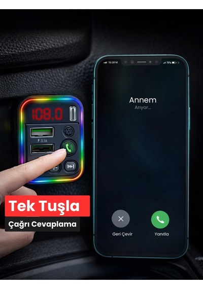 Bluetooth Araç İçi Fm Transmitter Pd + 3.1a Hızlı Şarj Çift Usb Rgb Led Ekranlı Müzik Çalar