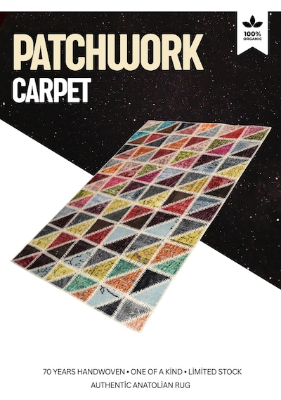 El Dokuması Vintage Patchwork Halı %100 Yün Ve Doğal Boyalı Çok Renkli