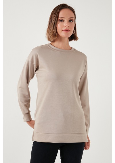 Lela Streç Oversize Fit Bisiklet Yaka Modal Kumaş Bayan Sweat 5865877 Taş