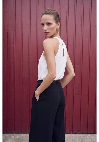 Sateen Halter Yaka Bluz - Ekru-137735