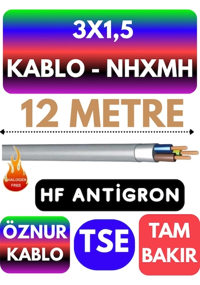 Öznur 3x1,5 Nhxmh Alev İletmez Kablo Metre Seçenekli Gri - 12 Metre