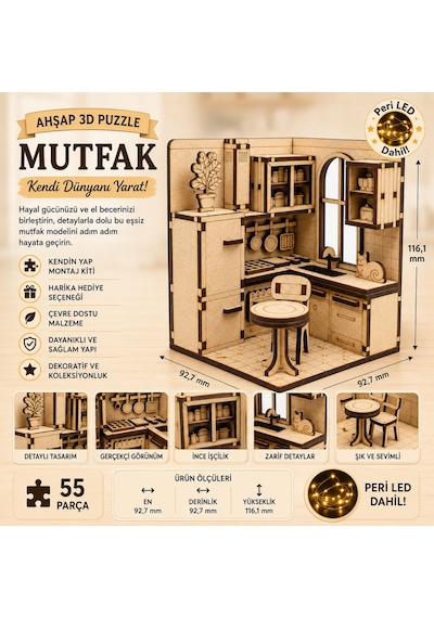 Mutfak Ahşap Maket Seti Dıy Miniatür Retro Mutfak Peri Led'li 3d Puzzle