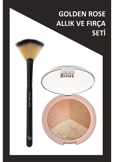 Fan Brush - Yelpaze Fırça Ve Nude Look Baked Trio Face Powder - Allık Bronzlaştırıcı Aydınlatıcı Seti